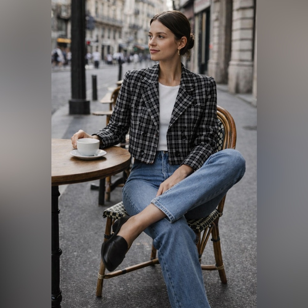 Vintage Peabody House Black and White Wool Blend Plaid Cropped Blazer 5/6 XS/S